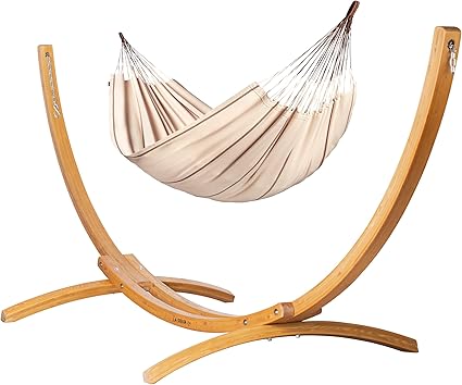 LA SIESTA® Modesta Cotton Hammock & Wood Stand - Indoor Outdoor Hammock with Stand, Larch Wood Stand - Extra Large 2 Person Hammock with Stand for Outside Patio Hammock - Max 440 Lbs, King, Nougat