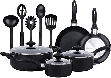 13-Pieces - Heavy Duty Cookware Set - Black, Highly Durable, Even Heat Distribution, Double Nonstick Coating - Multipurpose Use for Home, Kitchen or Restaurant - by Utopia Kitchen (Cookware Set)