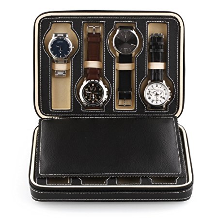 Amzdeal® 8 Grids Watch Display Storage Box Case Tray Zippered Travel Watch Collector Case Faux Leather Black