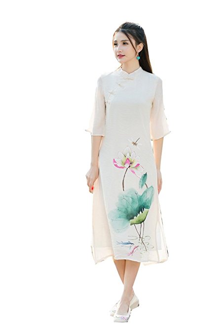 Traditional Chinese Dress Cotton Linen Hand Painted Flower Robe A-Line Dress
