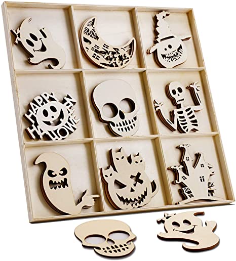 YuQi Set of 27 Wooden Ghost Head Skeleton Pumpkin Shapes Wood Embellishments,Halloween Craft Decoration Gift Decoupage for Halloween Ornaments