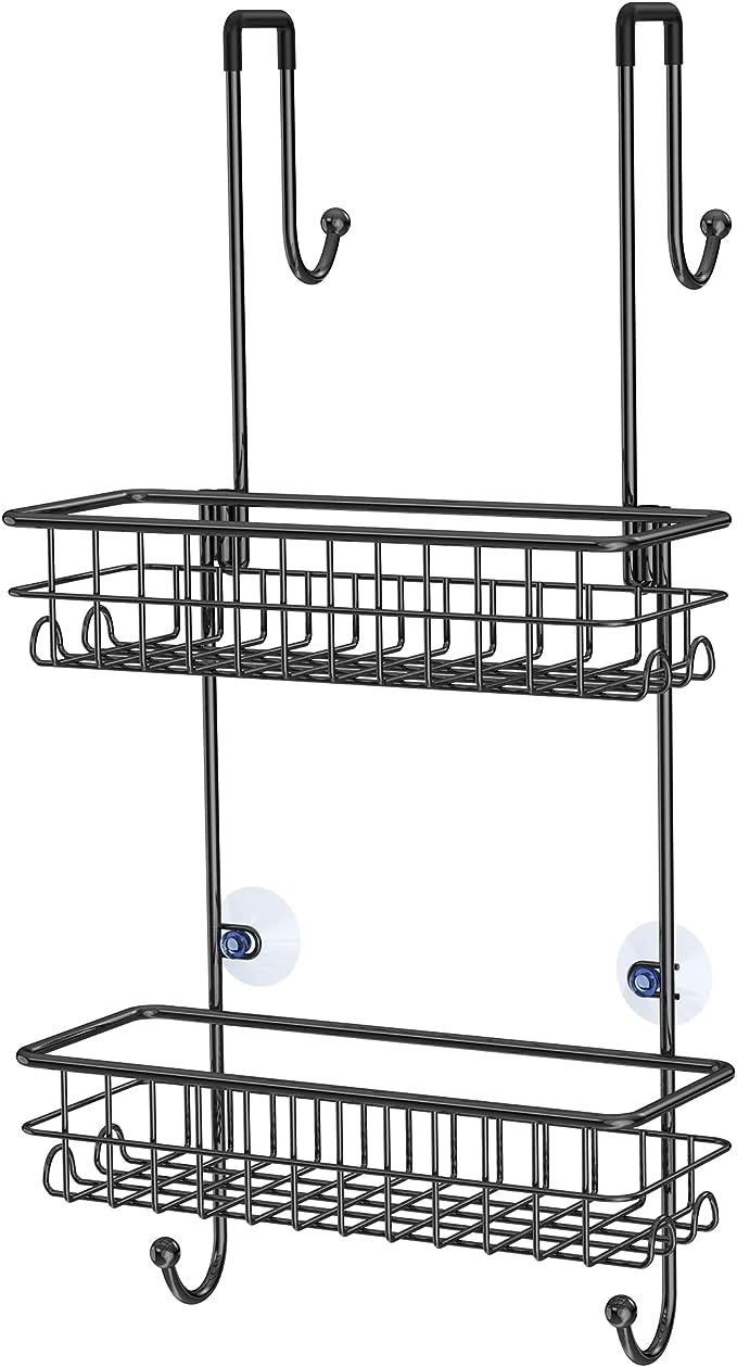 SMARTAKE Shower Caddy Over The Door, Rustproof Bathroom Shelf with 10 Hooks, Stainless Steel Wall Rack, Fast-Draining Razors Towels Shampoo Organizer, for Dorm, Toilet, Bath and Kitchen (Black)