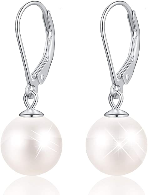 Esberry 18K Gold Plating 925 Sterling Silver Pearl Earrings Handpicked White Shell Pearl Drop Leverback Earrings for Women and Girls