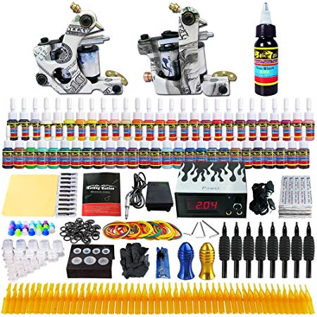 Solong Tattoo® Complete Tattoo Kit 2 Pro Machine Guns 54 Inks Power Supply Foot Pedal Needles Grips Tips TK252