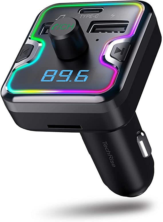 TechRise Car Bluetooth FM Transmitter, Wireless FM Transmitter Radio Receiver Bluetooth 5.0 Adapter Car Kit with Dual USB Charger&Type-C Charging Port, Music Player Supports USB Flash Drive&TF Card