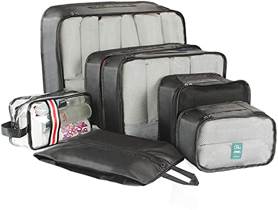 7 Set Packing Cubes-Large Capacity Travel Luggage Organizers with Shoe Bag & Toiletry bag-Black