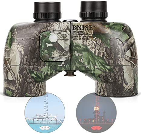BNISE Binoculars 10X50 for Adults Camo Marine Jumelles BAK4 Porro Prism Power Rangefinder Built-in Compass with Harness Strap, Professional Waterproof Long Distance for Hunting, Birdwathing