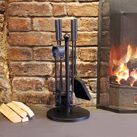 Garden Mile® Modern Black Cast Iron Fireplace Companion Set Vintage Style 5Pc Fireplace Tool Sets Coal Fire Wood Burner Accessories. (Modern Companion Set)