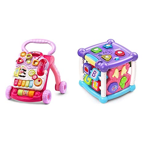 VTech Sit-to-Stand Learning Walker (Frustration Free Packaging), Pink & Busy Learners Activity Cube, Purple