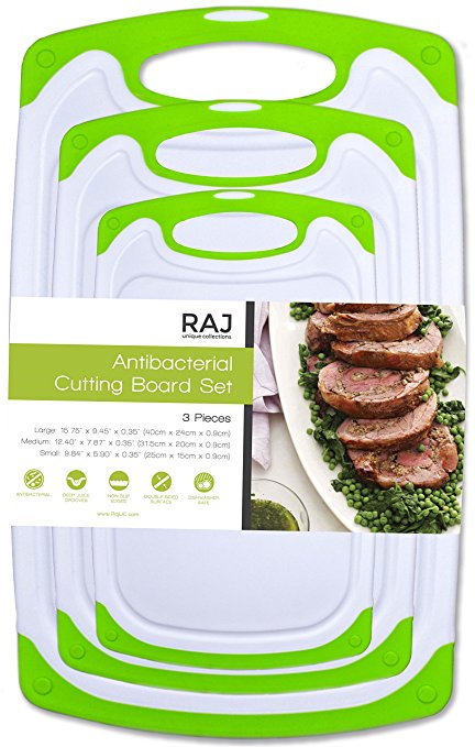Raj Plastic Cutting Board Set of 3, Reversible Cutting board, Dishwasher Safe, Chopping Boards, Juice Groove, Large Handle, Non-Slip, BPA Free, FDA Approved, White board with Green boarder
