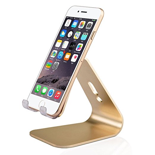 Phone Stand, KBTEL Aluminum Alloy Smart Phone Display Stand Cell Phone Holder Mount with Dual Powerful Adsorption Nano Paste for Iphone 6, 6plus, 7, Galaxy, Ipad-Gold