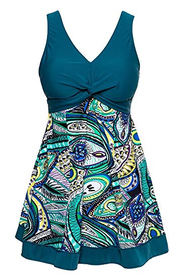 Wantdo Women's Plus Size Swim Dress Modest Swimsuit Vintage Peacock One Piece Swimwear