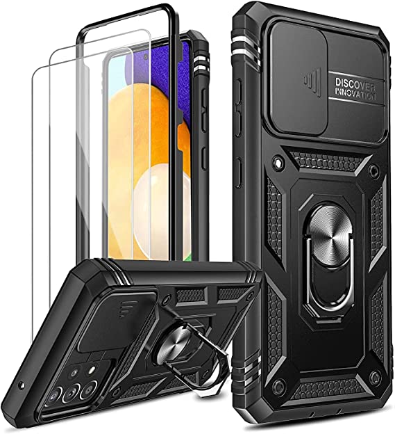 LeYi for Samsung Galaxy A52 5G/A52S Case with Slide Camera Cover and 2 Tempered Glass Screen Protector,Ring Holder Full Body Protective Heavy Duty Shockproof Rubber Tough Hard Armour Phone Cover,Black