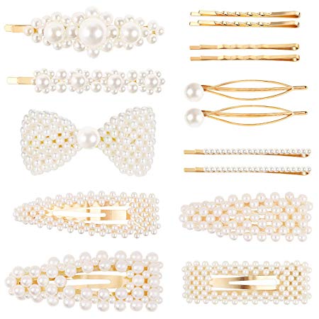 15 Pcs Pearls Hair Clips for Women Girls, Kissbuty Artificial Pearl Hair Bows/Clips/Ties/Pins Bling Hairpins Headwear Barrette Styling Tools Accessories Gold Hairgrip for Birthday Wedding Party