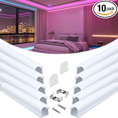 Muzata 10-Pack 6.6ft/2Meter 17x20mm U Shape Spotless LED Aluminum Channel System with 60° Curved Thicker Milky White Neon Effect Cover Diffuser, Christmas, U108 2M WW, LN1