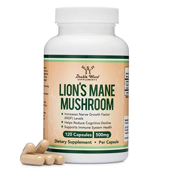 Lions Mane Mushroom Capsules (Two Month Supply - 120 Count) Organic and Vegan Supplement - Nootropic for Brain Health and Growth, Immune Booster, Made in The USA by Double Wood Supplements