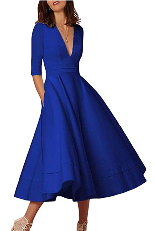 YMING Women’s Elegant Cocktail Maxi Dress Deep V Neck 3/4 Sleeve Vintage Pleated Dress