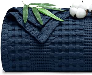 PHF Cooling Waffle Blanket Queen Size, Lightweight 60% Rayon Derived from Bamboo & 40% Cotton Breathable Summer Blanket for Hot Sleepers, Soft and Luxury for Bed Couch and Sofa, 90"x90", Navy Blue