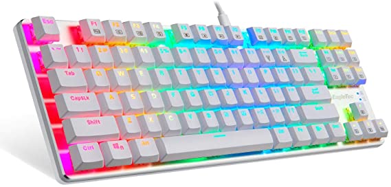 EagleTec KG061-BR RGB LED Backlit Mechanical Gaming Keyboard, Low Profile 87 Key USB Keyboard with Quiet Cherry Brown Switches for PC Gamer – (White)