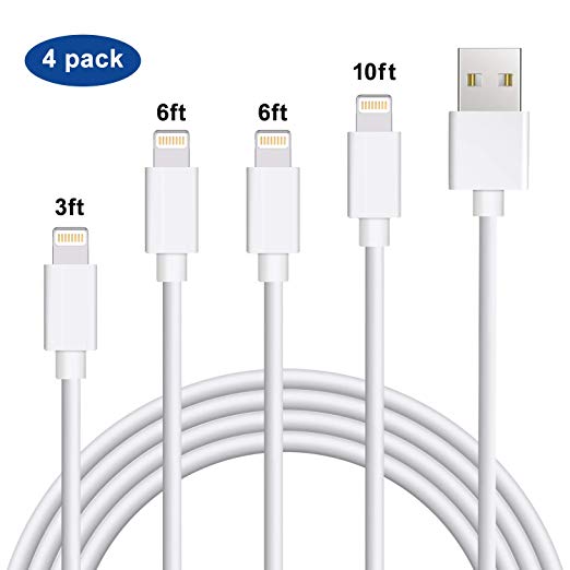 iPhone Charger, 4Pack 3FT 6FT 6FT 10FT iPhone Charging Cable Cord Compatible Phone XR XS XSMax X 8 8Plus 7 7Plus 6s 6sPlus 6 6Plus SE 5 5s 5c White