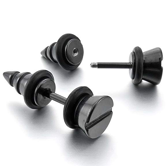 INBLUE Men's Stainless Steel Stud Earrings Rubber Silver Gold Tone Black Screw Spike Plug Tapers