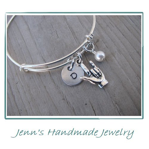Hand-Stamped Bangle Bracelet ASL Sign Language "I love you" Charm with your choice of initial, bead and bangle