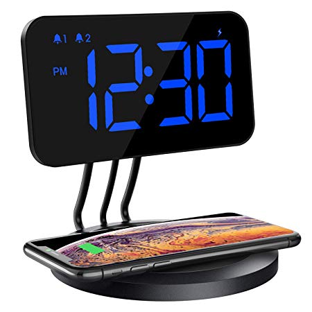 TOPELEK Wireless Charging Alarm Clock, 4.7’’ Alarm Clock with 5W Wireless Charging Pad, Compatible with All Qi-Enabled Phones, Dual Alarm Clock with Snooze Button, Adjustable Dimmer, 12/24H, Blue