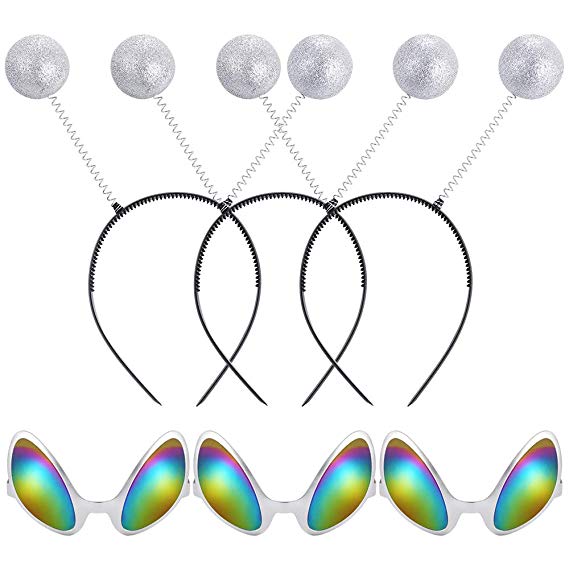 Pllieay 3 Pieces Martian Headband Boppers and 3 Pairs Alien Silver Glasses with Rainbow Color Lens for Adults and Kids Party Funny Costume Accessory