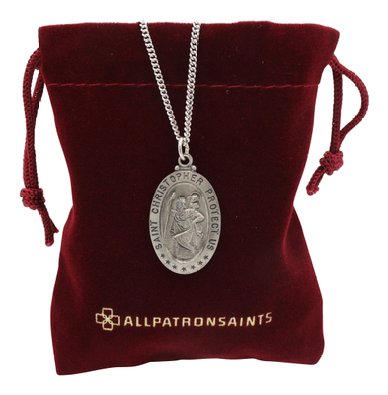 St Christopher Medal Necklace - Solid Sterling Silver Oval Medallion and Chain - Personalized Engraving - Gift Box