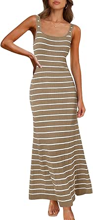 MEROKEETY Women's Sleeveless Striped Bodycon Maxi Dress Square Neck Ribbed Knitted Tank Sweater Dress