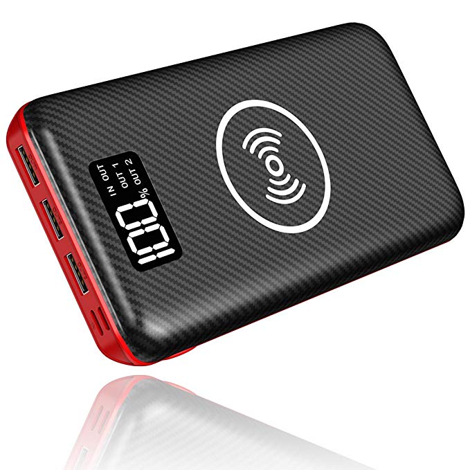 KEDRON Portable Charger Power Bank, 24000mAh Wireless Charger with LED Digital Display and 3 Outputs & Dual Inputs External Battery Pack for iPhone X,iPhone 8,Samsung Galaxy S8 Note 8 and More (Red)