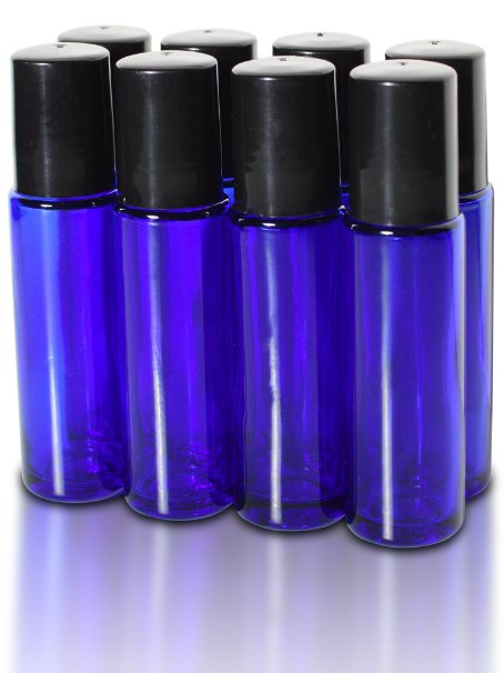 8 Pack, Essential Nature, Blue Glass Bottles (Not Painted) with Metal Rollers, 2 Pipettes, 48 Labels. 10ml 1/3 Oz, High Quality for Essential Oils, Perfumes, Lip Balms. No BPA