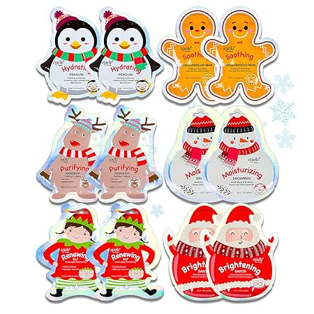 Epielle Christmas Holiday Character Sheet Mask Assortments,- Santa, Reindeer, Snowman, Elf, Gingerbread, Penguin (12pack) | Holiday Gifts, Christmas Gift Ideas and Stocking Stuffers | Birthday Party Gift for her kids, Spa Day Party, Girls Night, Spa Night, Stocking Stuffers | New Years Skincare | Winter Skincare | (12pk)