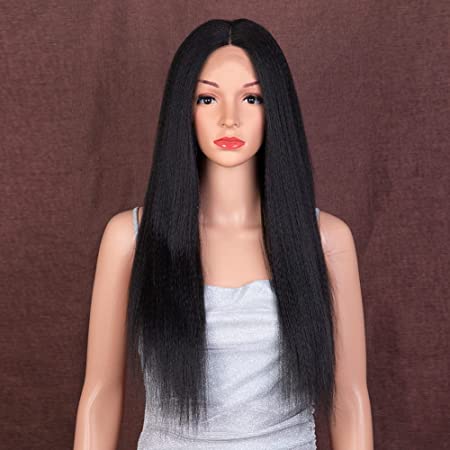 Style Icon HD Lace Front Wig for Women Human Hair Quality Wigs for Black Women Synthetic Hair Yaki Straight 24 inches Middle Part Heat Resistant Fibers Black Color