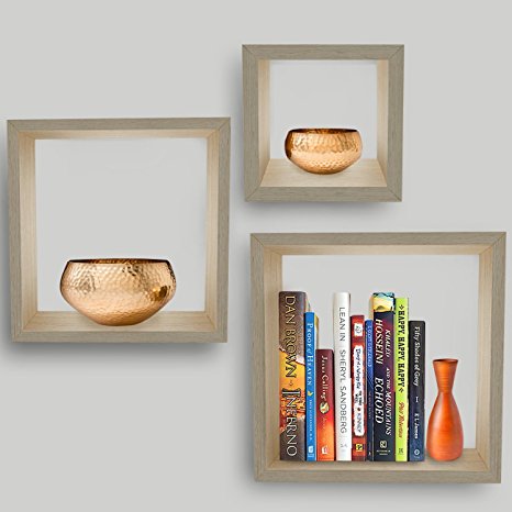 Sorbus Floating Box Shelves—Features Shadow Box/Cube/Square Frame Design for Photos, Collectibles, Decorative items, and Much More (Set of 3) (Maple)