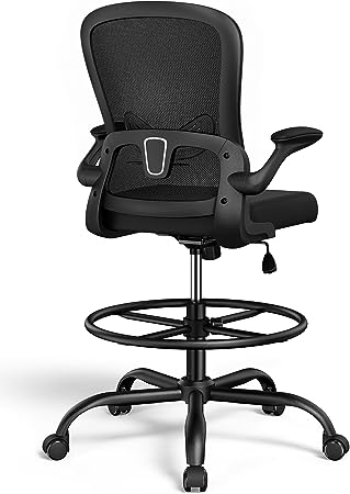 ErGear Drafting Chair, Height-Adjustable Tall Office Chair with Adaptive Lumbar Support and Foot Ring, Standing Desk Chair with Padded Flip-Up Armrests, Ergonomic Office Chair Home and Office