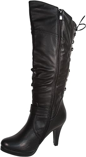 TOP Moda Womens Page-65 Knee High Round Toe Lace-Up Slouched High Heel Boots