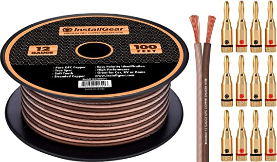 InstallGear 12 Gauge Speaker Wire - 99.9% Oxygen-Free Copper with 12 Banana Plugs (100-feet)