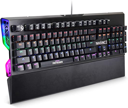 ENHANCE Optical Gaming Keyboard w/Blue Tactile Mechanical Switches - Super Fast 0.2ms Response, Water & Dust Resistant, NKRO & Anti-Ghosting, Removable Wrist Rest, Rainbow LED 9 Effects