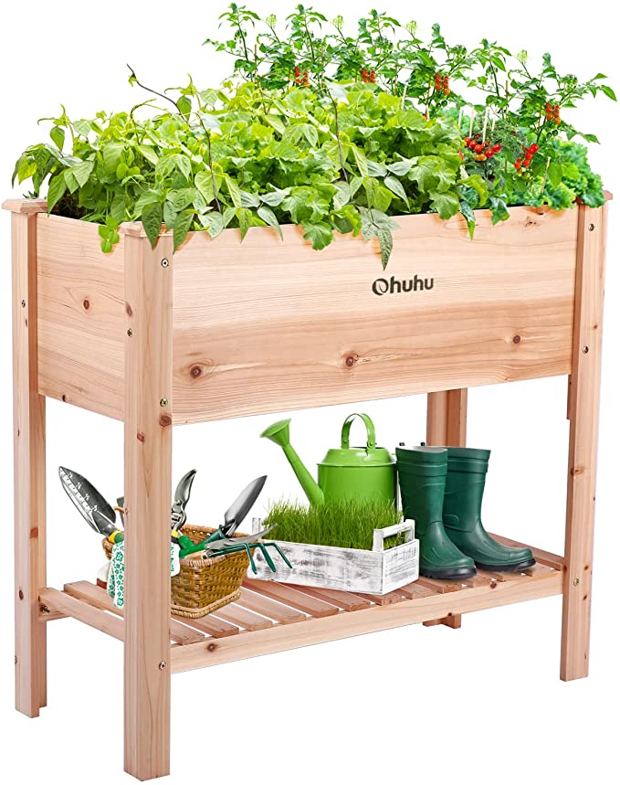 Raised Garden Bed with Legs, Ohuhu Elevated Wood Planter Box with Storage Shelf & Bed Liner, 35x16x32 Inch Raised Beds Outdoor Indoor Planters Stand for Vegetables Flowers Herbs Backyard Patio Balcony