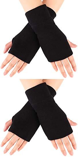 2 Pairs Unisex Fingerless Gloves Stretchy Knitted Gloves Fingerless Thumb Hole Gloves Wrist Length Driving Arm Warmers