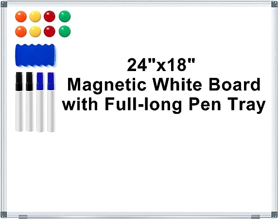 Dry Erase Board for Wall Aluminum Presentation Magnetic Whiteboard with Long Pen Tray, Wall-Mounted White Board for School, Office and Home (24" x 18")