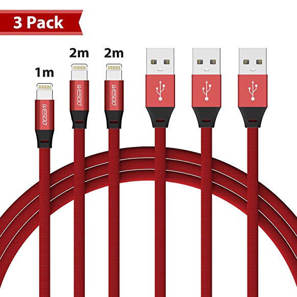 iPhone Charger Cable, Wesoo iPhone Cable Lightning Cable Charging Cord for iPhone X, iPhone 8 8 Plus, iPhone 7 7 Plus, iPhone 6 6 Plus, iPhone 5 5s SE, iPad, iPod Touch. [ Red, 3 Pack ]