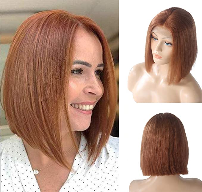 Short Straight Human Hair Bob Lace Front Wigs Real Remy Brazilian Hair Silky Straight Middle Part Swiss Lace Frontal Pre Plucked Bleached Knots Glueless 180% Density Full End Copper Orange 8 Inch