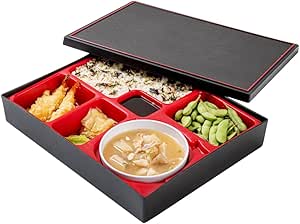 Restaurantware Bento Tek Rectangle Black & Red Large Japanese Style Bento Box - 6 Compartments, with Bowl - 12 1/4" x 9 3/4" x 2 1/4" - 1 count box