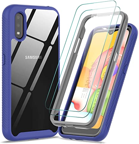 LeYi Compatible with Samsung Galaxy A01 Case, Samsung A01 Case with Tempered Glass Screen Protector [2 Pack], Full-Body Rugged Hybrid Bumper Shockproof Clear Phone Cover Cases for A01 Navy Blue