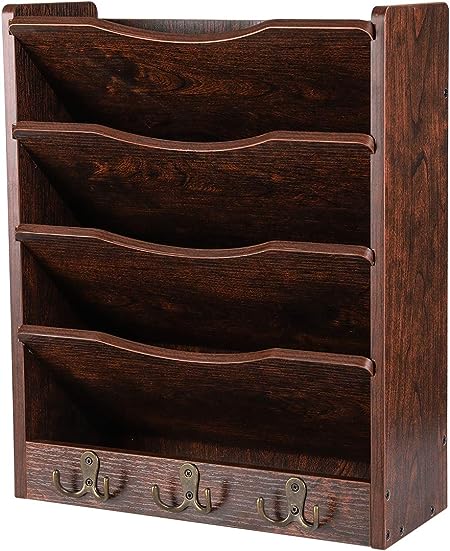 PAG 5-Tier Wall File Holder Hanging Mail Organizer Wood Magazine Literature Rack with 6 Hooks, Brown