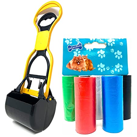 Super Pet Pooper Scooper 14.5 Inch Length with Free Poop Waste Pickup Bags 5 Rolls, Pet Waste Potty Picker for Dog and Cat Waste (Color May Vary)