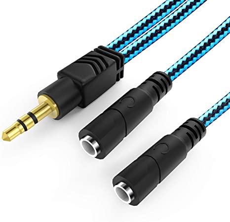 Headphone Splitter,3.5mm Audio Y Splitter Cable Stereo Nylon-Braided 3.5mm Male to 2 Port 3.5mm Female for Earphone,Dual Headphone and Headset Adapter Compatible for Mobile Phone,Computer,Mac