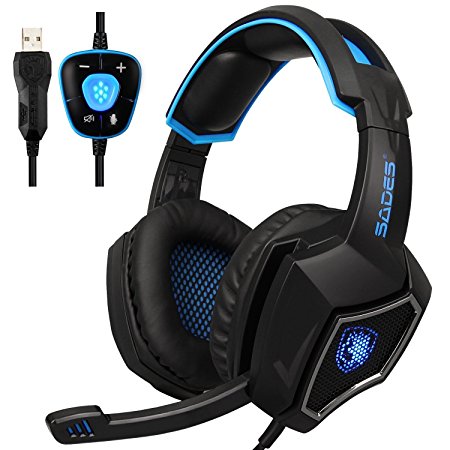 2016 Latest Sades SPIRITWOLF USB Version 7.1 Surround Sound Stereo Gaming Headset Headphones with Microphone, Over Ear, Noise Reduction, Volume Control, LED Light For PC Computer Gamers(Black Blue)